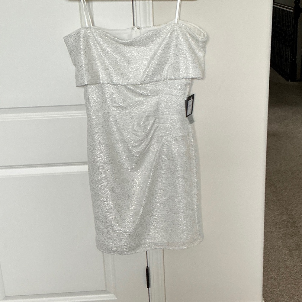 MARINA Glittering Silver Strapless Dress